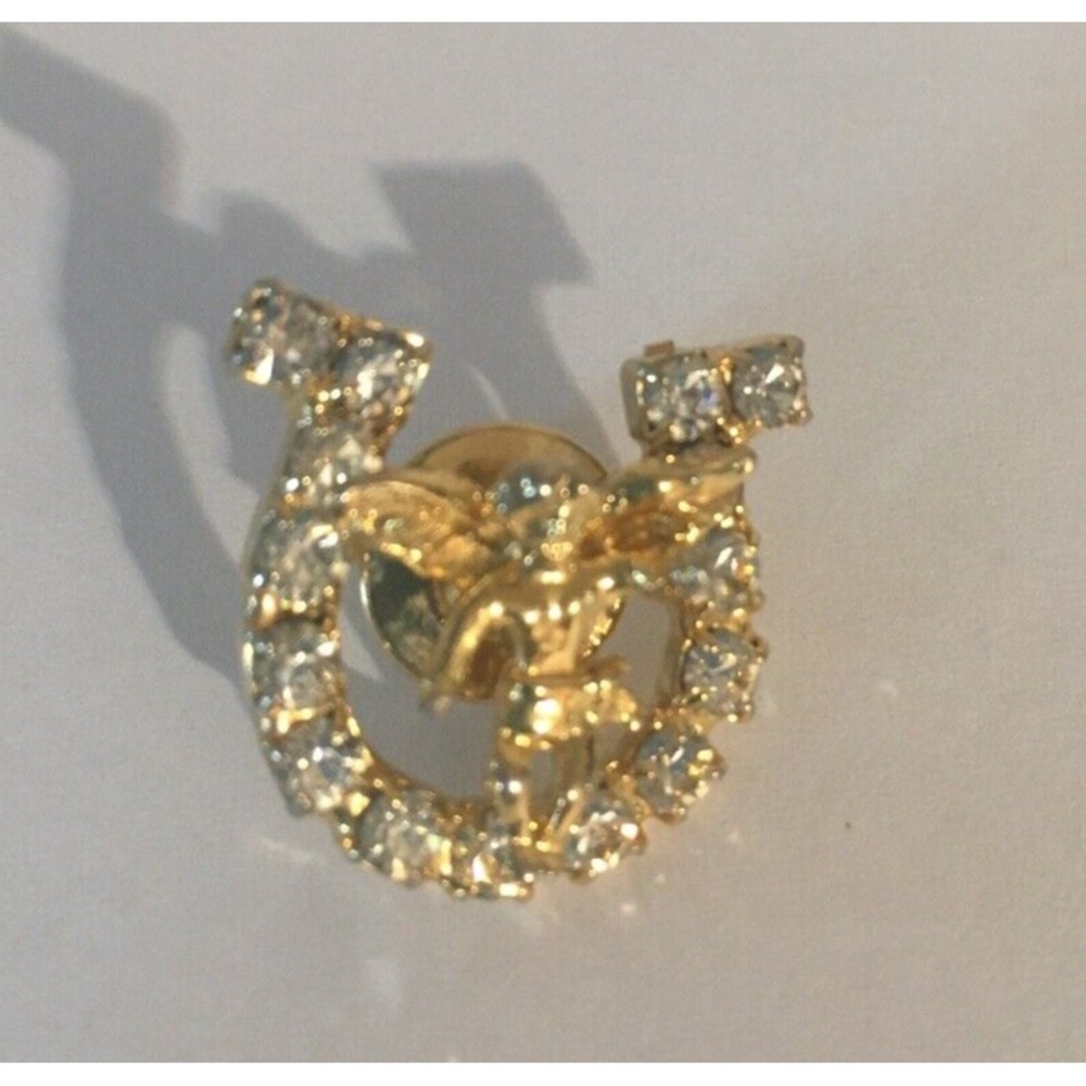 Vintage Gold Tone RHINESTONE ANGEL HORSESHOE CHERUB Small Pin